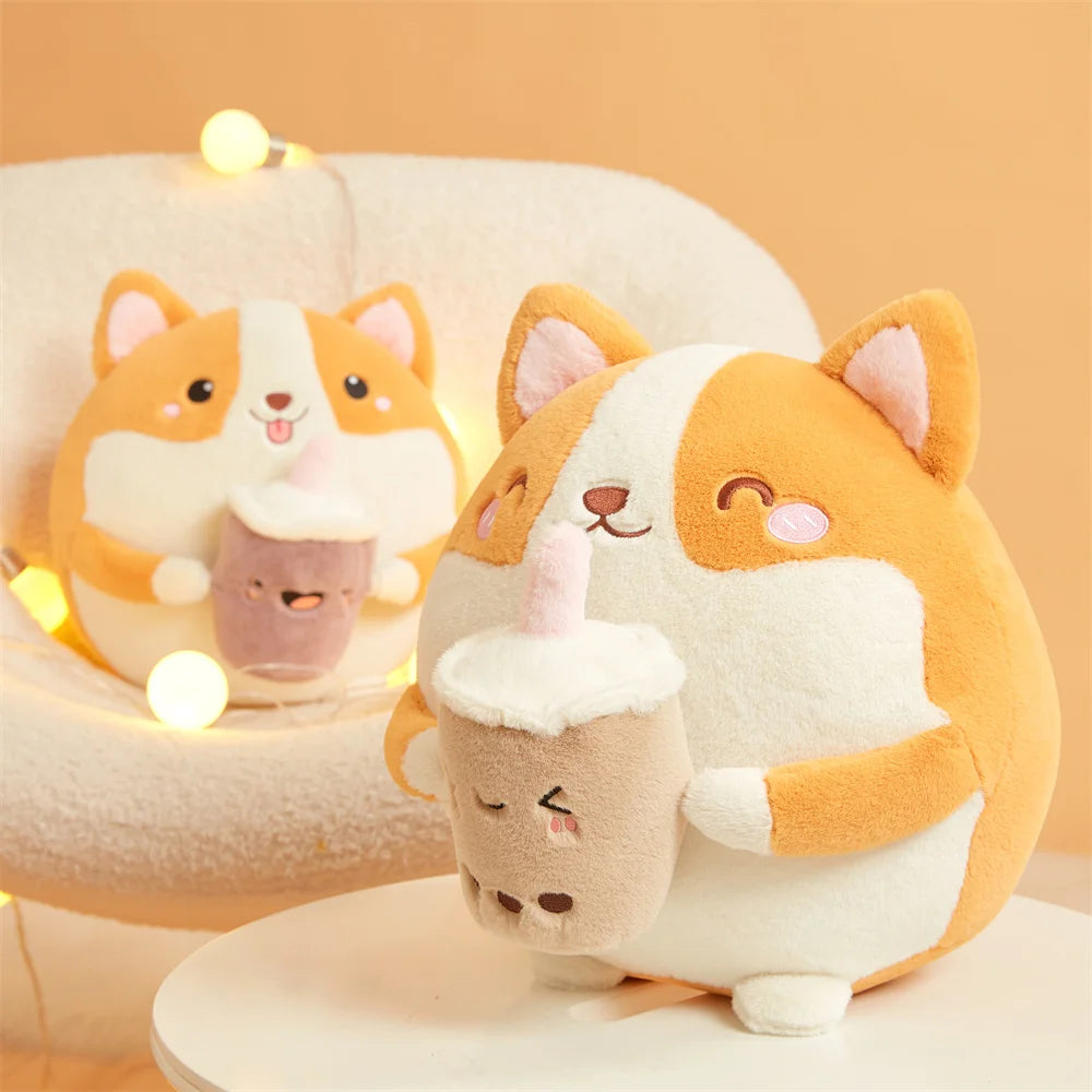Two cute plush corgi kawaii toys on a white surface with a warm background