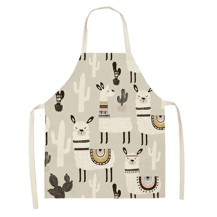 Apron with llama and cactus Kawaii pattern on a beige background