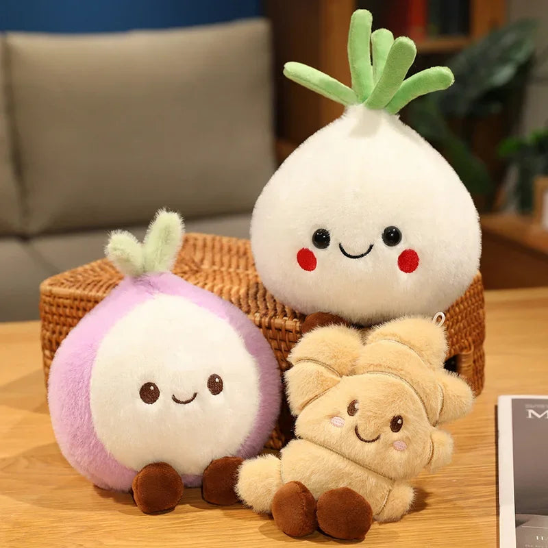 Kawaii plush toys resembling vegetables and a bear in a woven basket on a wooden surface.