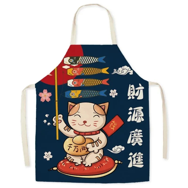Apron with a Kawaii cartoon cat holding a fish and Chinese characters on a blue background