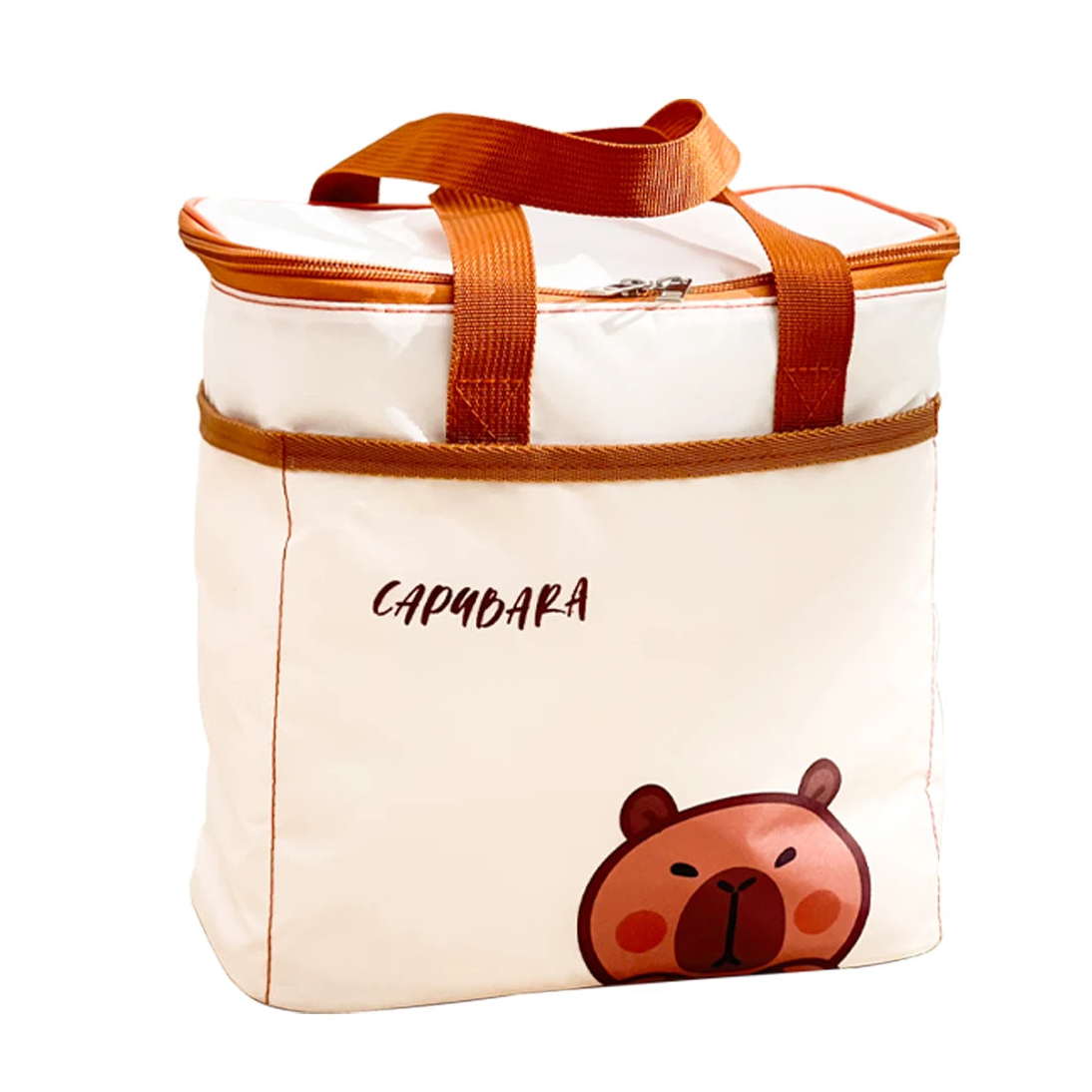White bag with brown straps and a kawaii cartoon bear design, featuring dimensions on a white background.