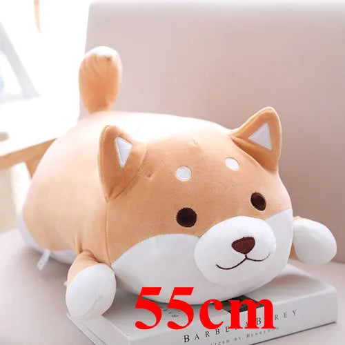 Plush dog kawaii toy on a book with '55cm' text