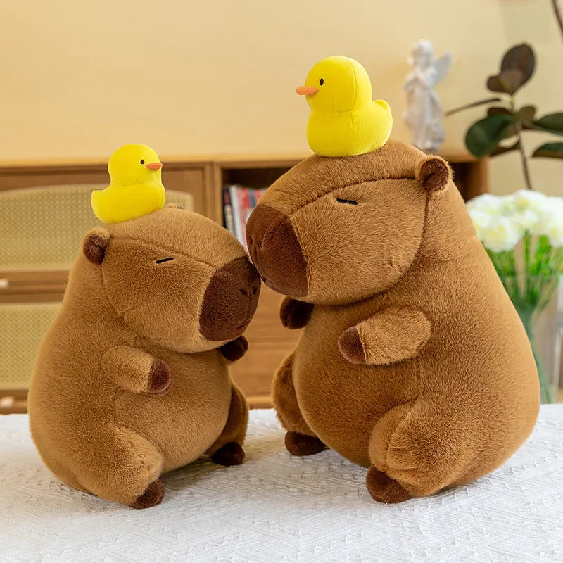 Two brown kawaii plush bears with yellow rubber ducks on their heads on a white surface.