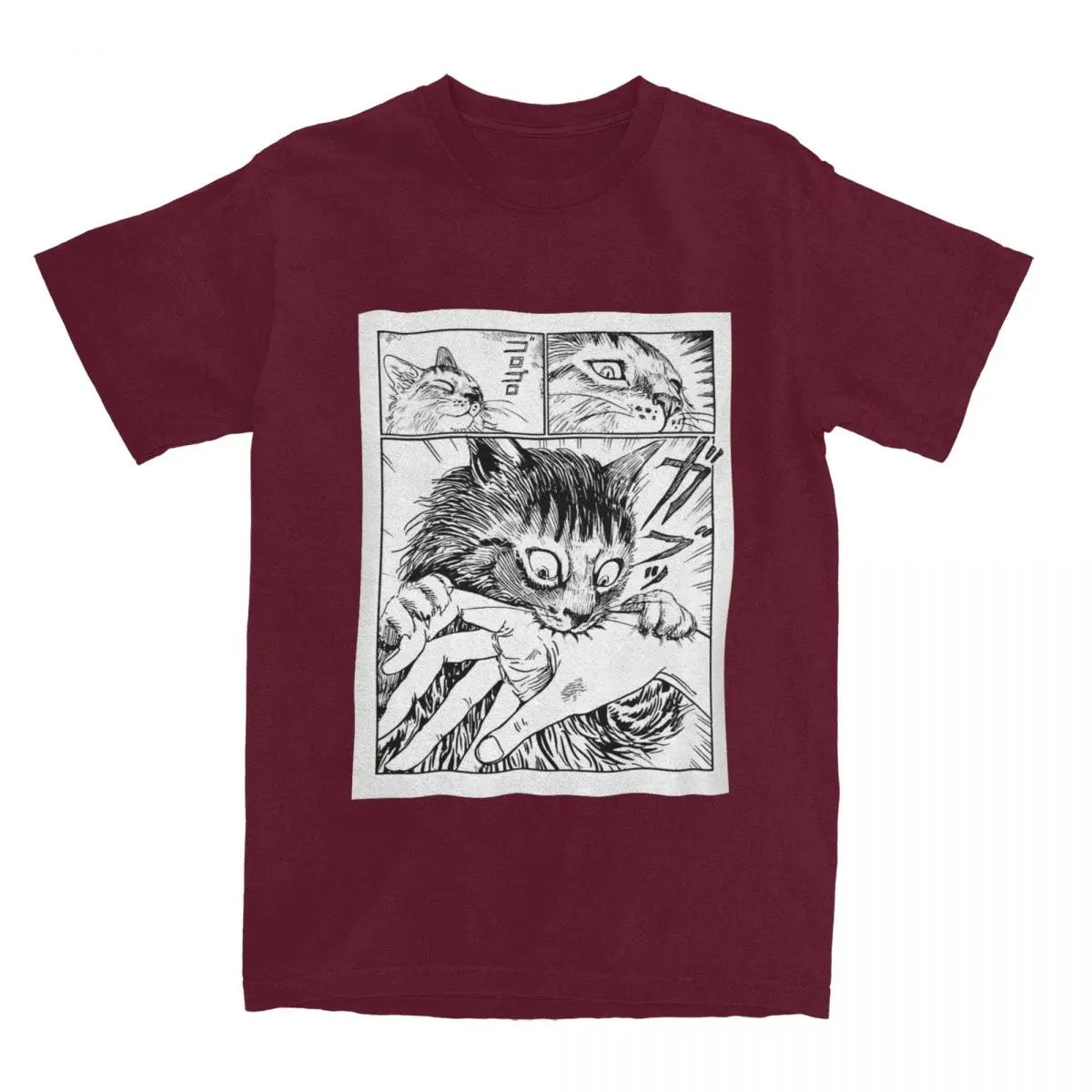 Maroon t-shirt with black and white kawaii cat illustration on a white background