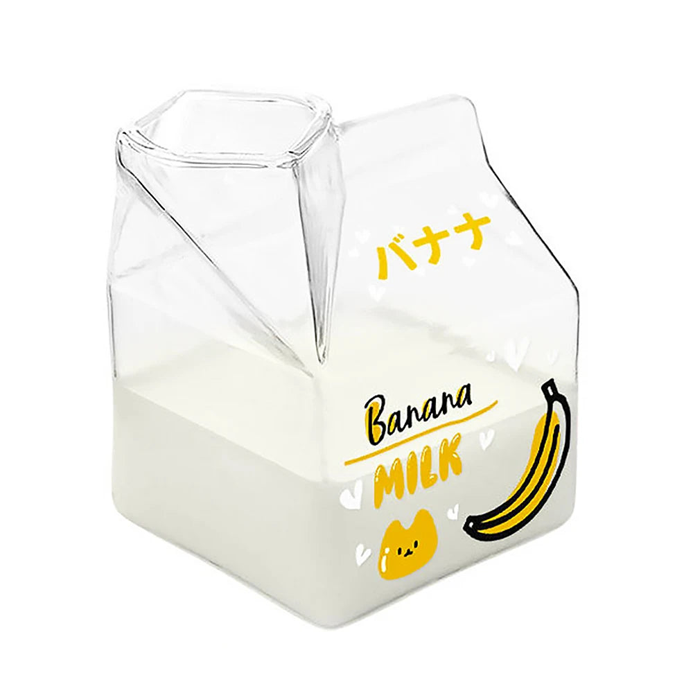 Clear Kawaii-inspired container shaped like a milk carton with banana and milk text on a white background