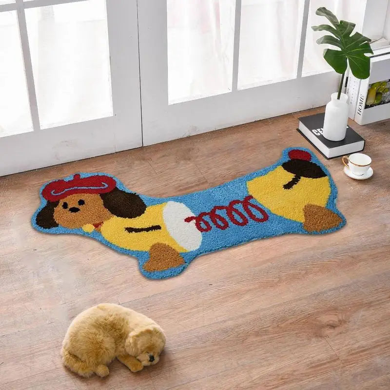Decorative rug with kawaii cartoon character design on a wooden floor.