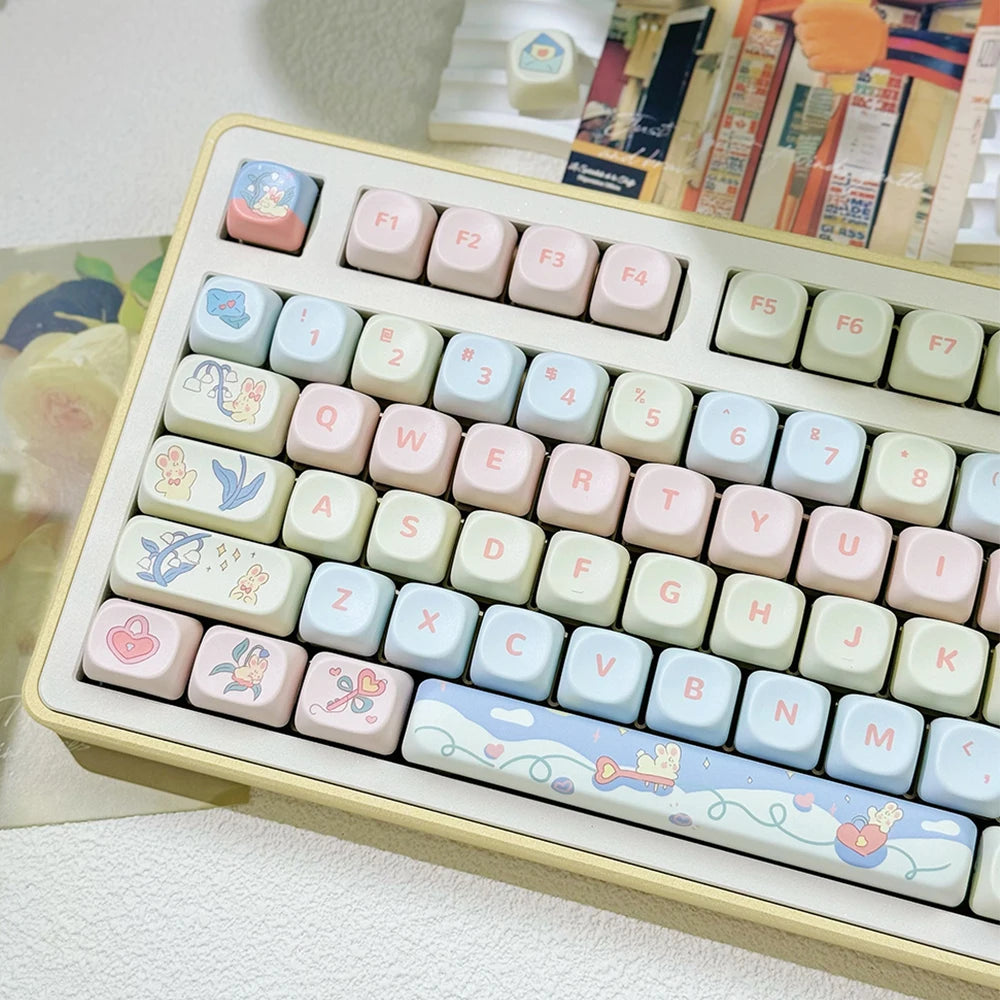 Pastel-colored Kawaii keyboard with decorative keys on a light surface.