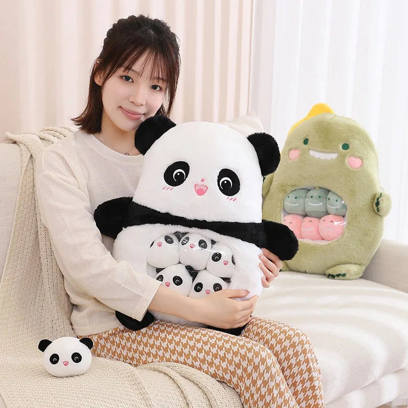Person holding a panda kawaii plush toy with another plush toy in the background