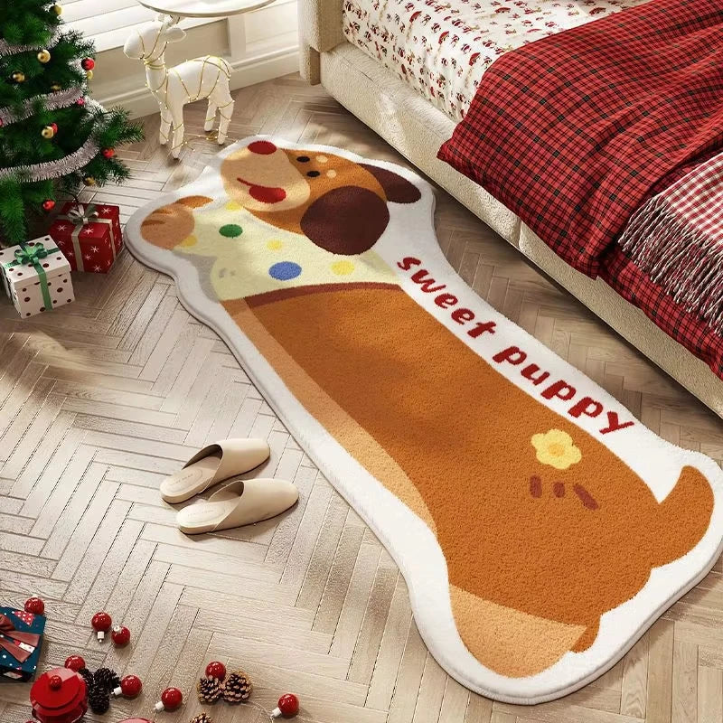 Dog-shaped kawaii rug with 'sweet puppy' text on a wooden floor next to a Christmas tree and presents.