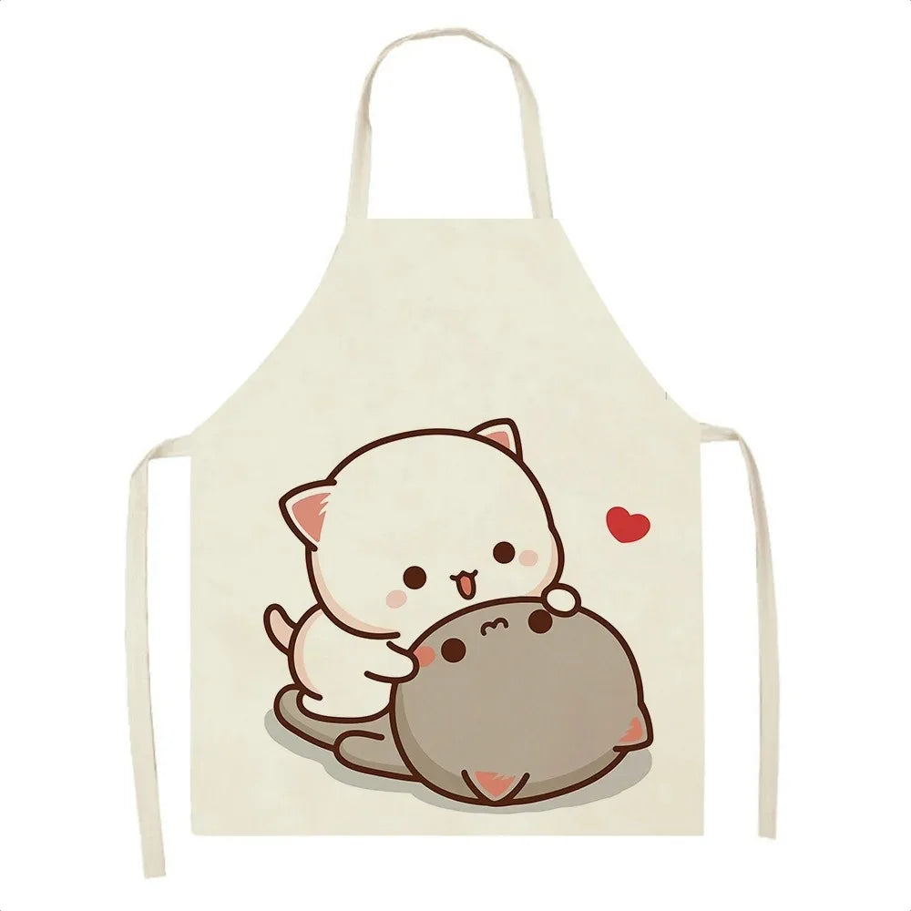 Apron with a Kawaii illustration of a cat and a dog hugging on a white background