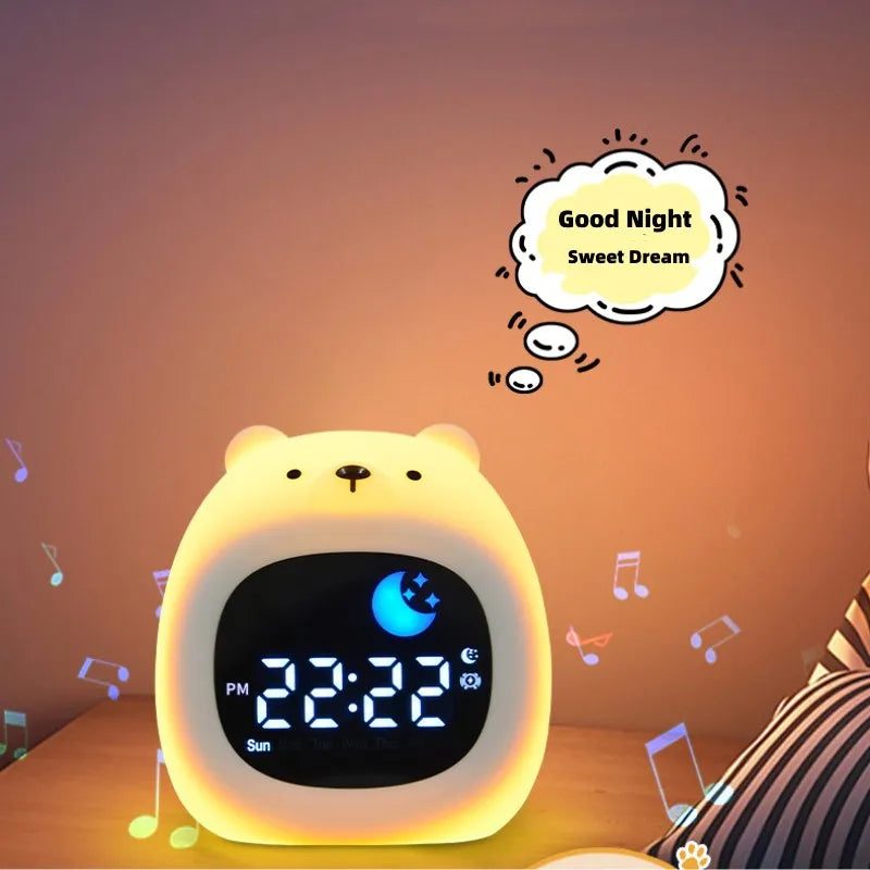 Cute bear-shaped Kawaii digital clock with LED display on a wooden surface, glowing softly.