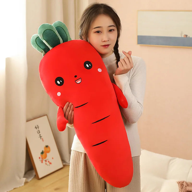 Woman holding a large kawaii plush carrot toy in a room with a beige wall and framed picture.