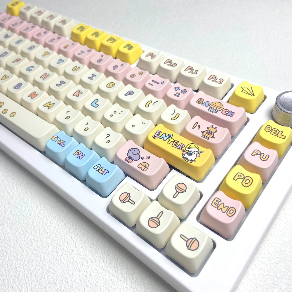 Keyboard with Kawaii colorful and cartoonish keycaps on a white background