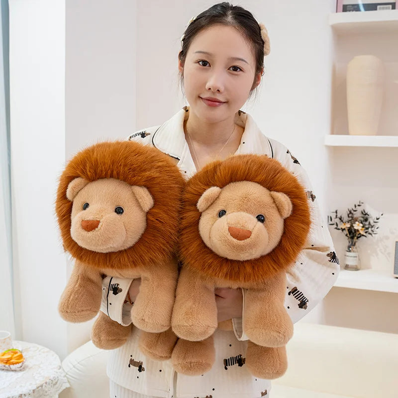 Person holding two lion-shaped kawaii plush toys in a room with shelves in the background