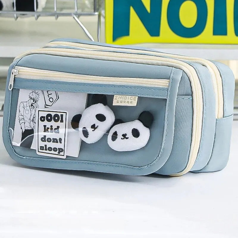 Blue pencil case with kawaii panda designs and text on a white background