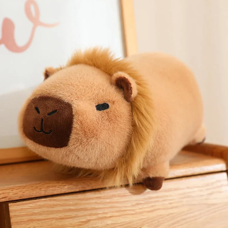 Kawaii plush lion toy on a wooden surface with a blurred background