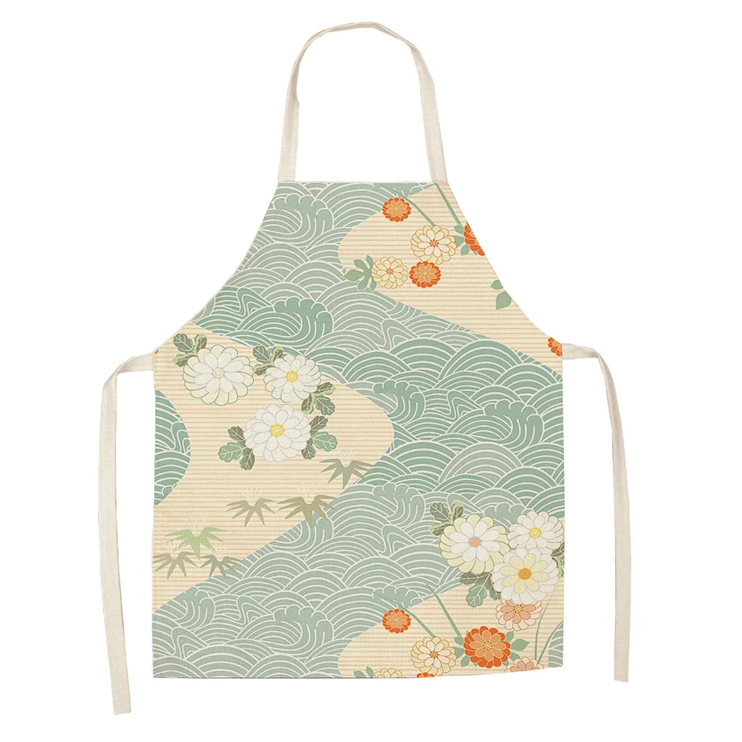 Floral and wave Kawaii patterned apron on a white background