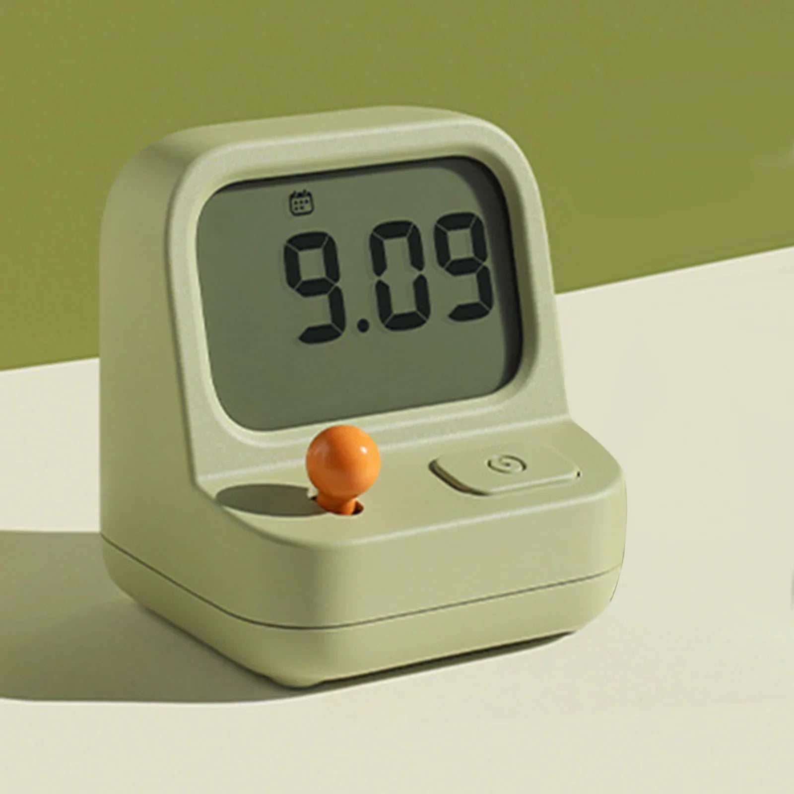 Green kawaii digital clock with an orange ball on a light green background