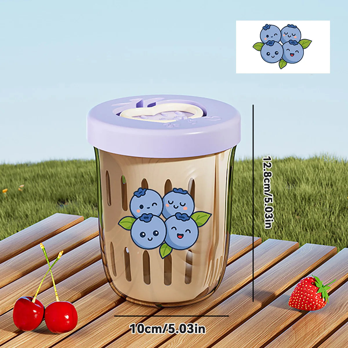 Clear container with Kawaii blueberry design on a wooden surface with grass and sky in the background