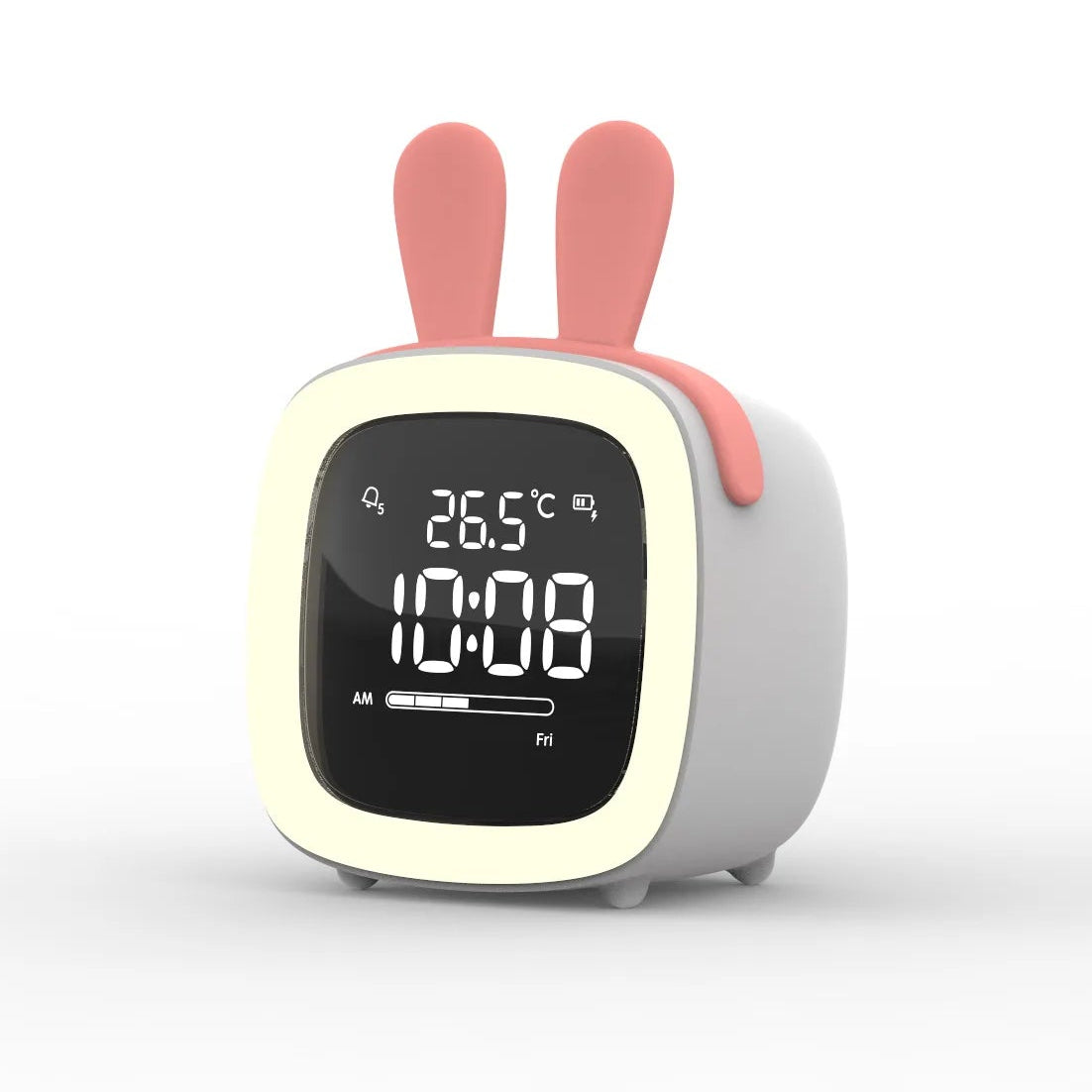 Kawaii digital clock with rabbit design on a white background