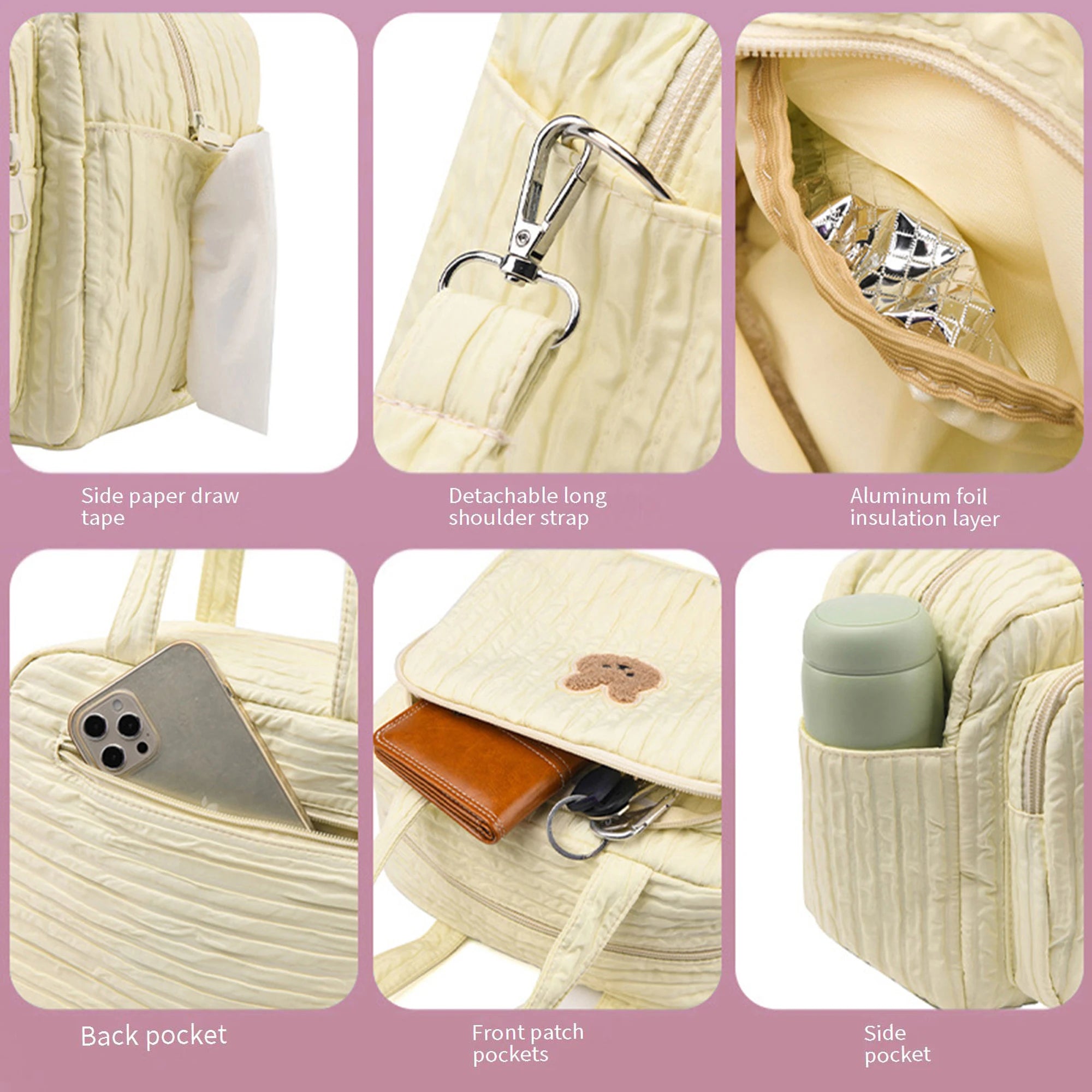 Collage of features of a beige insulated Kawaii bag with text labels on a pink background