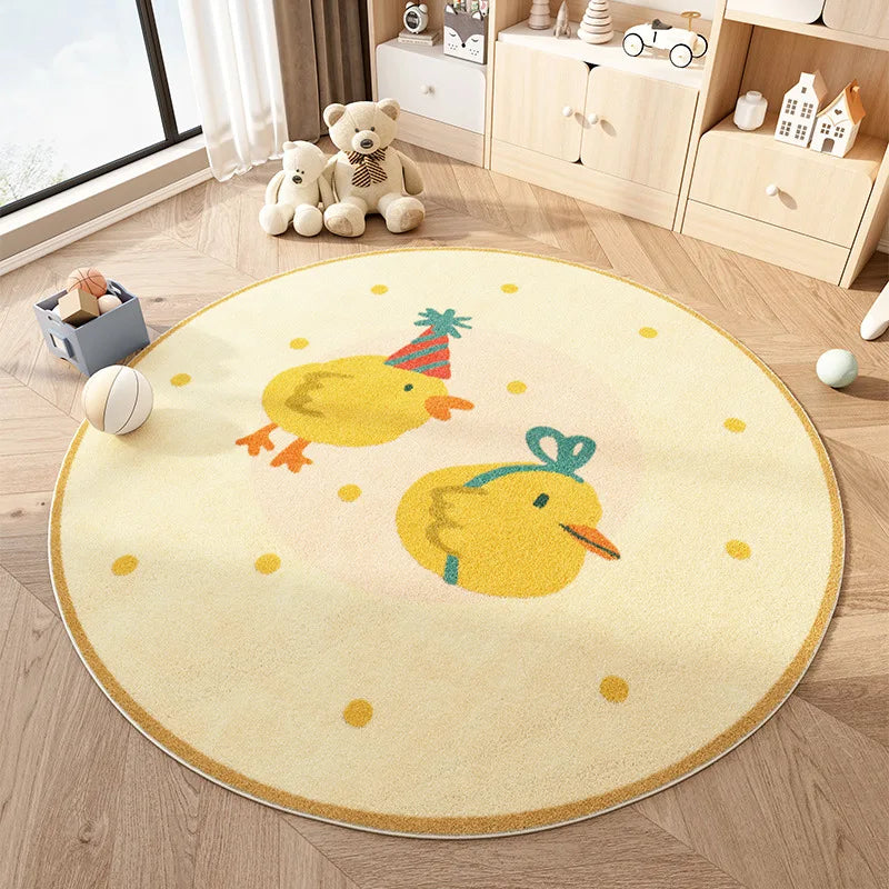 Round children's kawaii rug with cartoon ducks on a wooden floor in a room with toys and furniture.