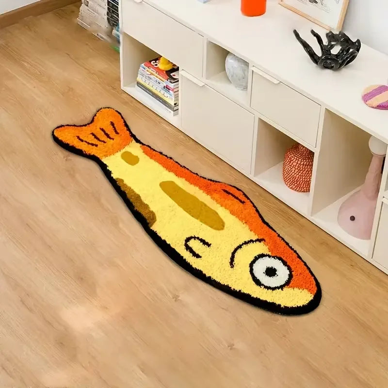 Fish-shaped kawaii rug on a wooden floor in a room with shelves and decor.