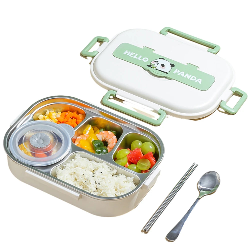 Kawaii bento box with compartments of food, a spoon, and chopsticks on a white background