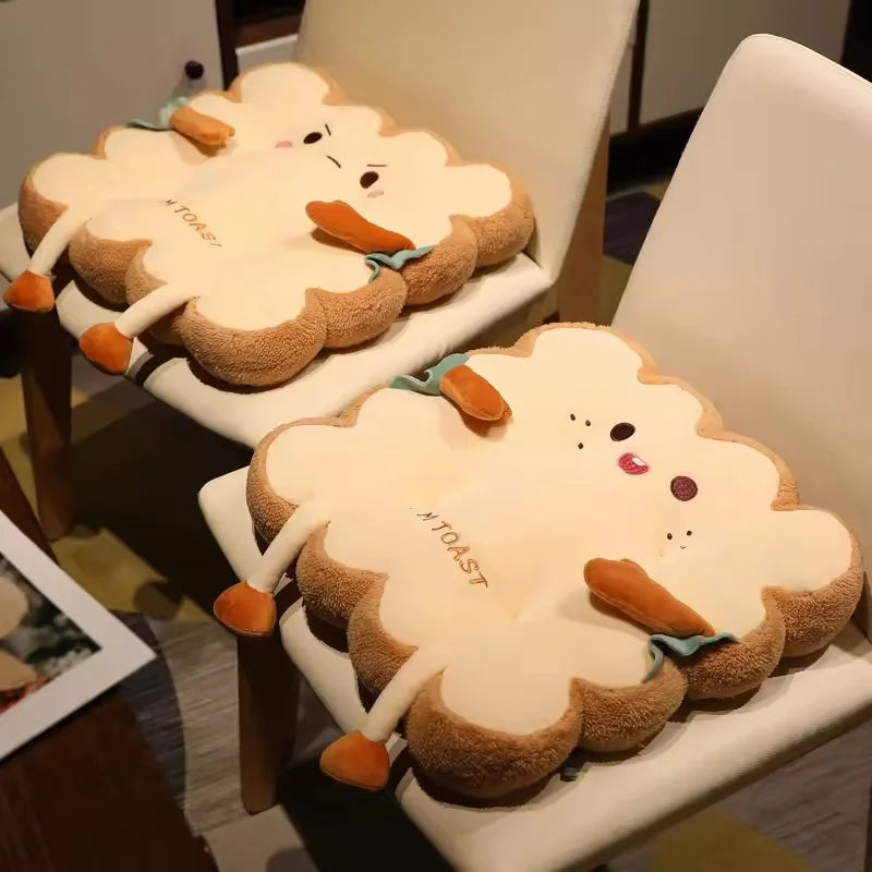 Kawaii plush toy resembling a piece of toast on a chair