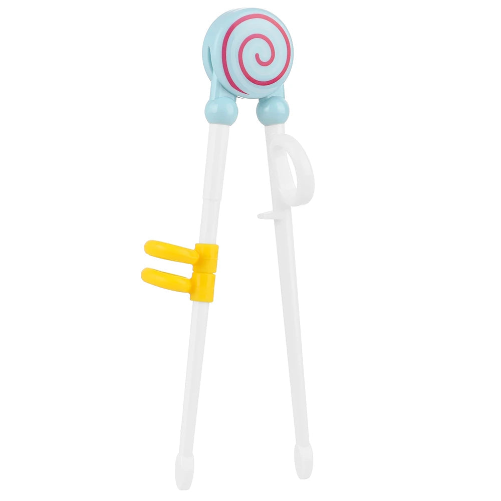 Colorful kawaii lollipop-shaped utensil with a blue top and yellow base on a white background