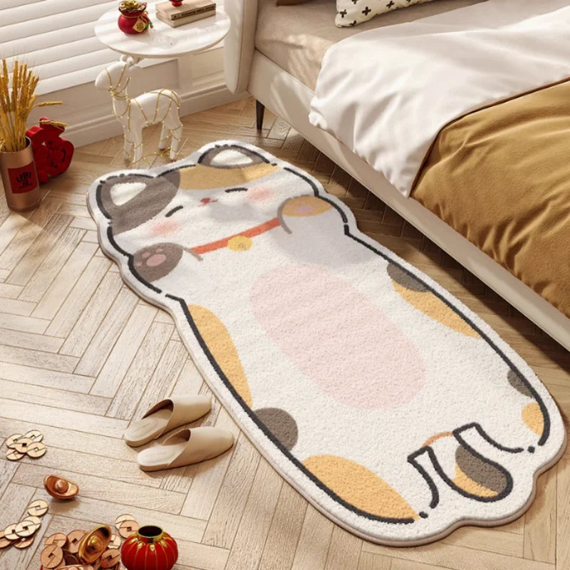 Kawaii cat-shaped rug on a wooden floor in a bedroom setting