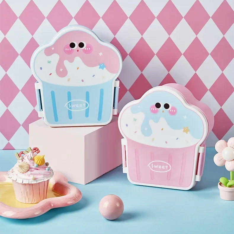 Two kawaii cartoon-style ice cream containers on a blue surface with a pink and white checkered background.