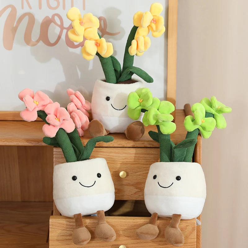 Plush kawaii flower pots with smiling faces on a wooden surface