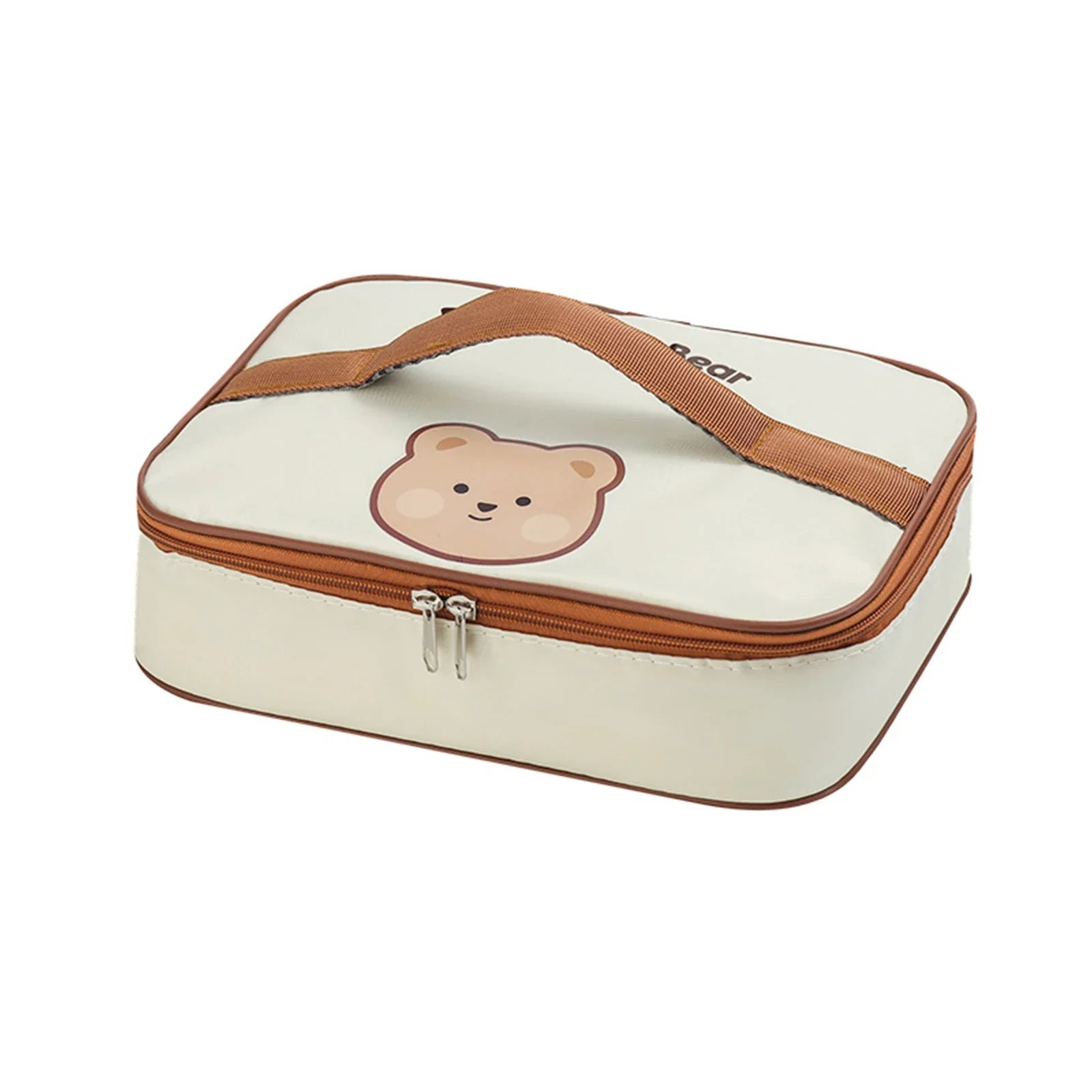White travel case with brown accents and a kawaii bear face design on a white background