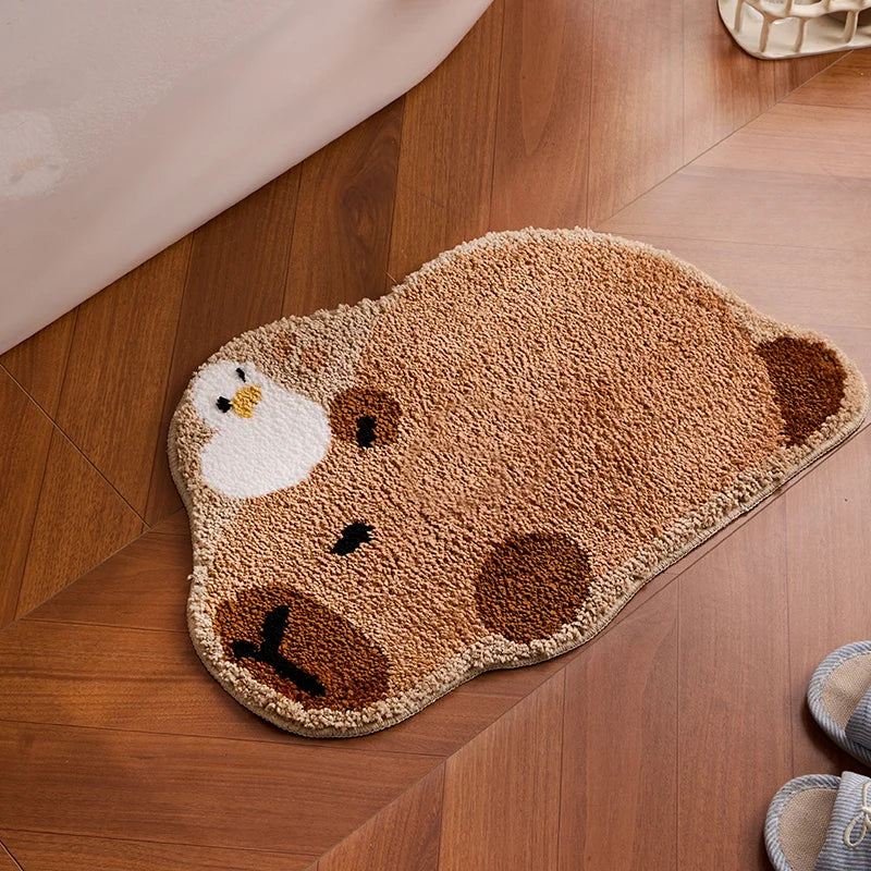 Capybara kawaii bath mat on a wooden floor