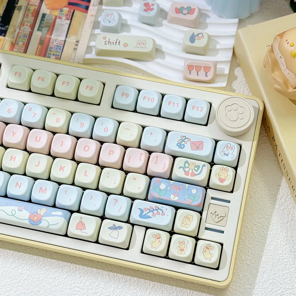 Keyboard with cute Kawaii keycaps on a light surface
