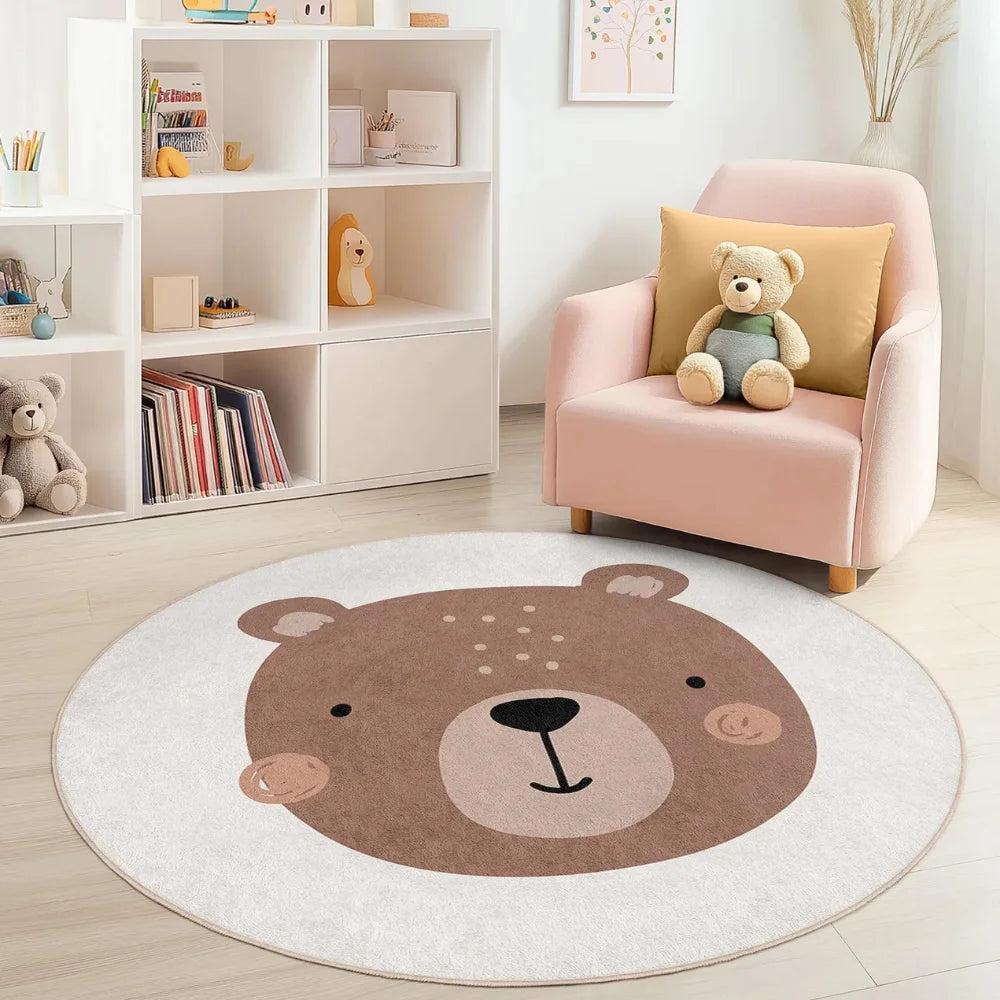 Round bear kawaii rug on a wooden floor with a pink chair and teddy bear in a room.