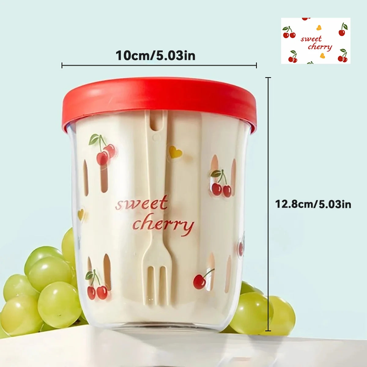 Container with Kawaii 'sweet cherry' design and measurements on a light blue background