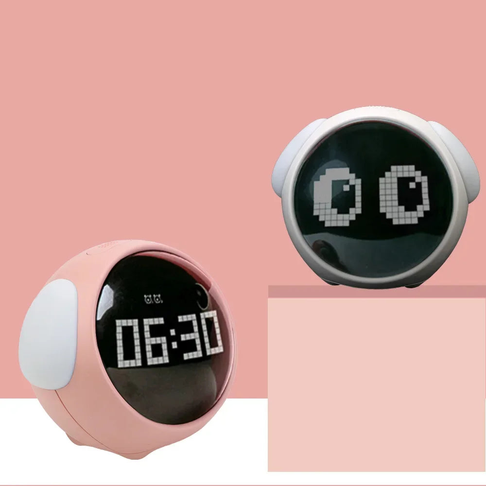 Two kawaii digital clocks with pixelated faces on a pink background