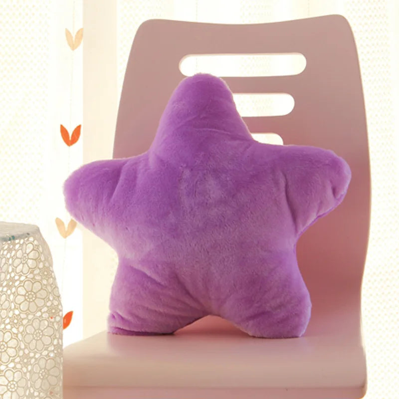 Purple star-shaped Kawaii pillow on a chair with a soft focus background