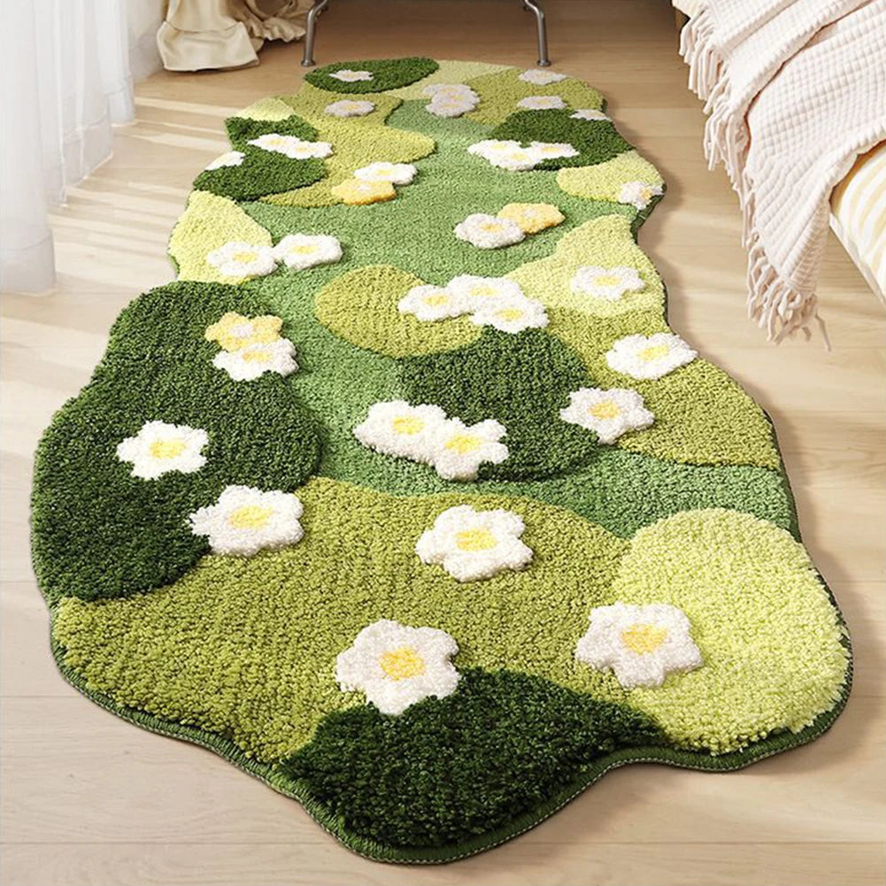 Green kawaii floral rug on a wooden floor