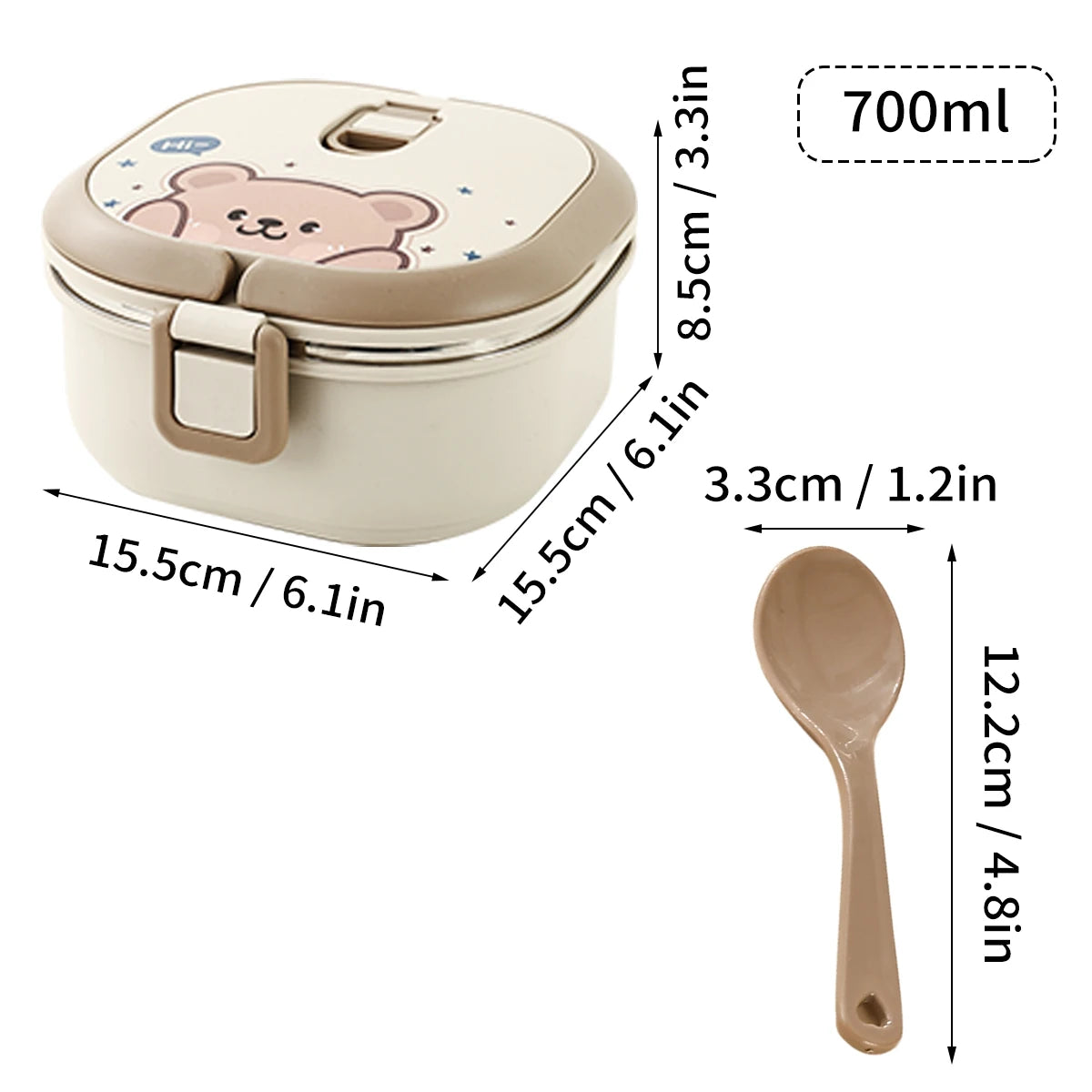 Children's lunch box with kawaii bear design and spoon, showing measurements on a white background