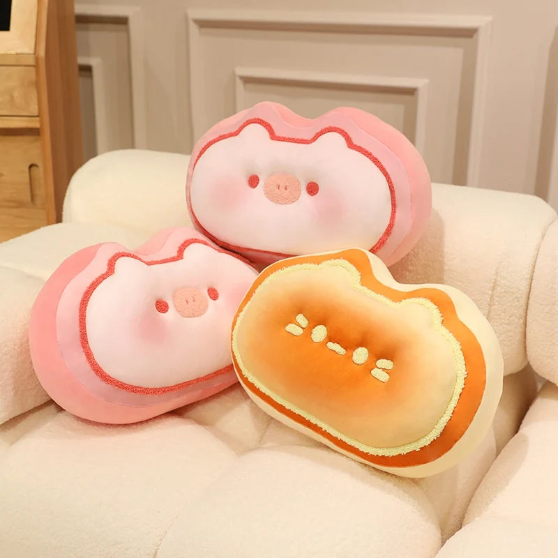 Three cute kawaii plush toys shaped like animals on a beige couch.