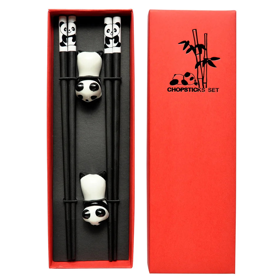 Chopsticks set with kawaii panda design in a red box