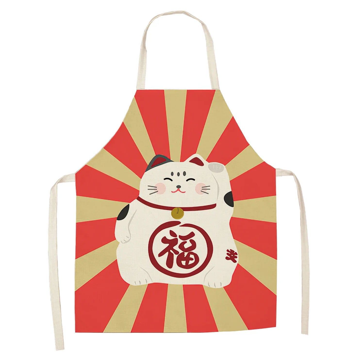 Apron with a cat illustration and red sunburst Kawaii design on a white background