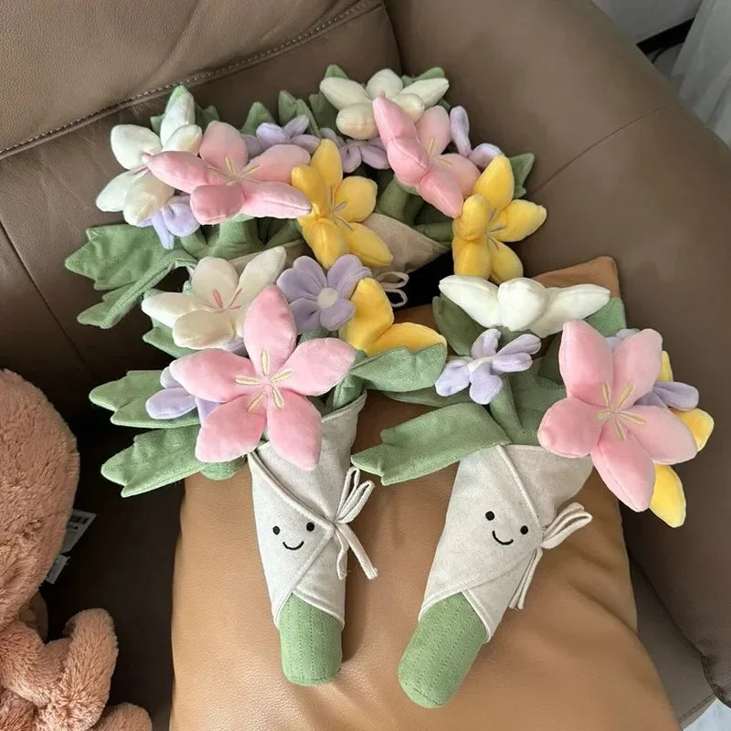 Pastel-colored kawaii plush flower bouquets on a brown surface