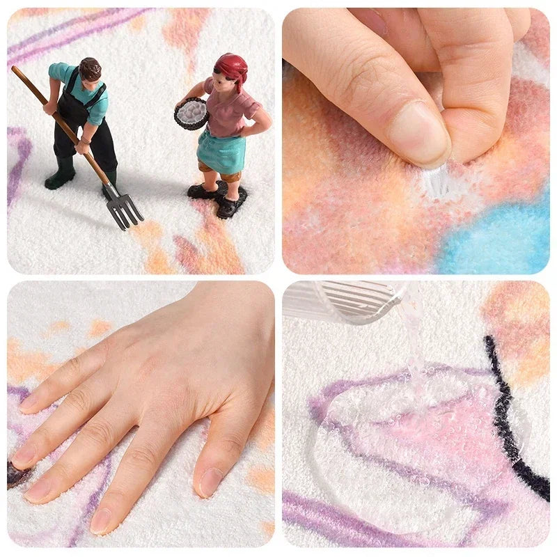 Collage of images showing a hand interacting with colorful Kawaii rug.