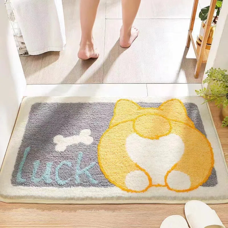 Doormat with a Kawaii dog design and the word 'Luck' on a wooden floor.