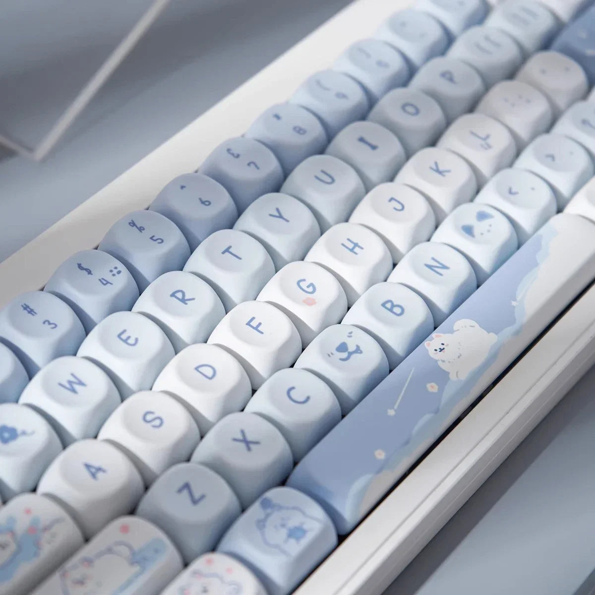 Close-up of a Kawaii keyboard with light blue and white keys on a gray background