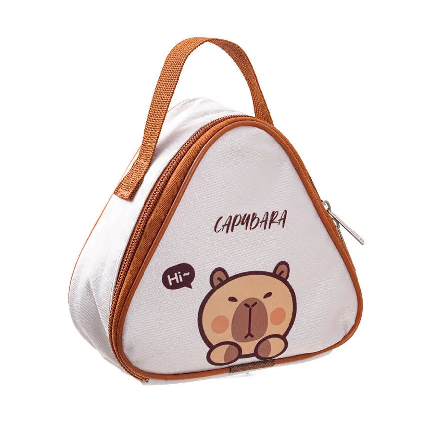Triangle-shaped bag with a kawaii cartoon capybara design on a white background